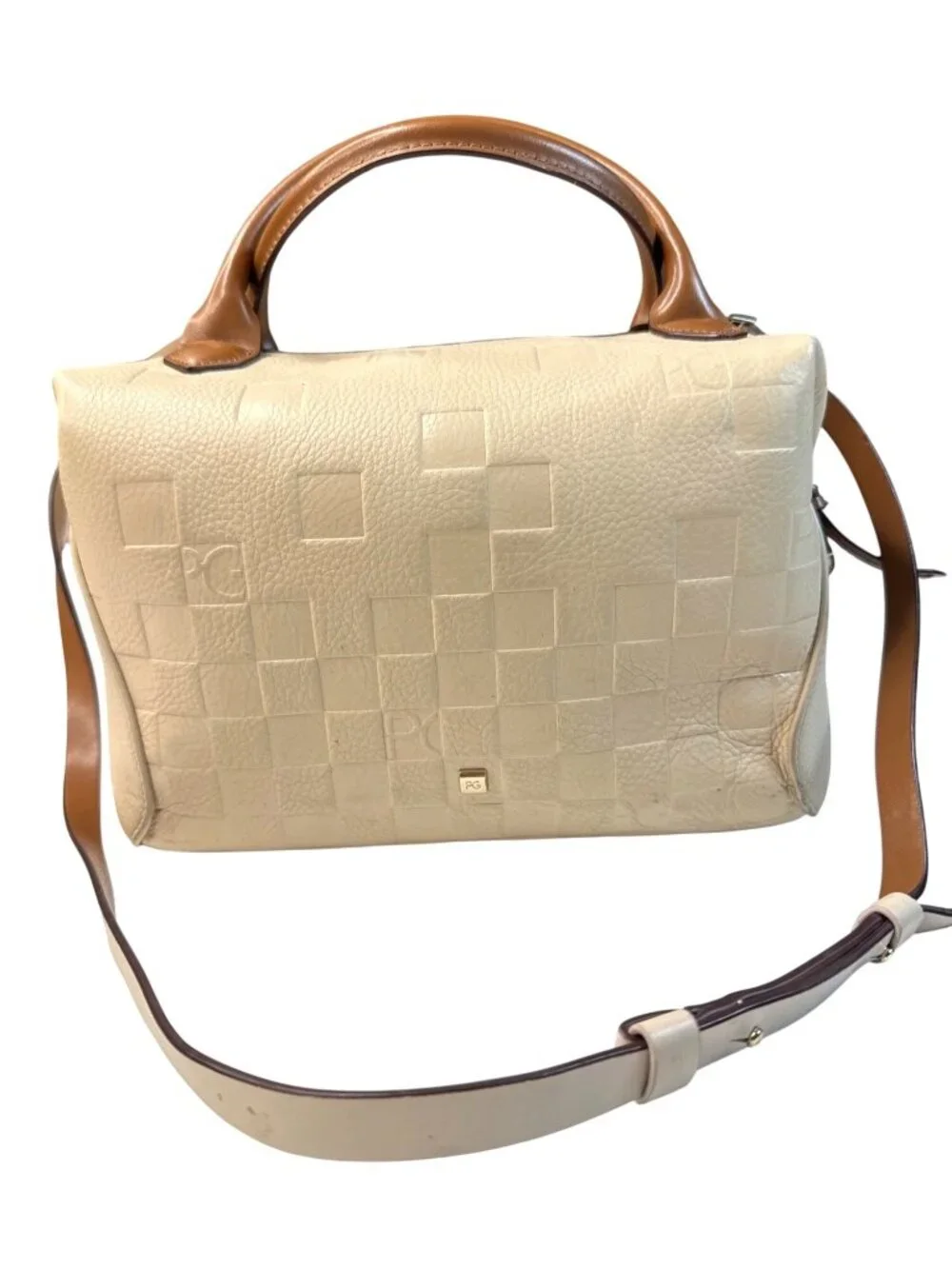 Purificación García Beige Checker Emossed Leather Satchel W/Brown Handles/Strap
